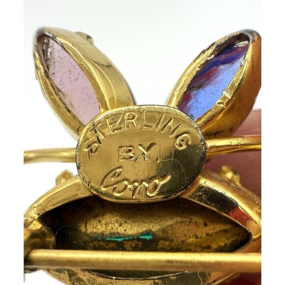 Vintage CORO Pegasus STERLING 925 Vermeil Rhinestone Cabochon Bug Insect Brooch - Picture 3 of 4